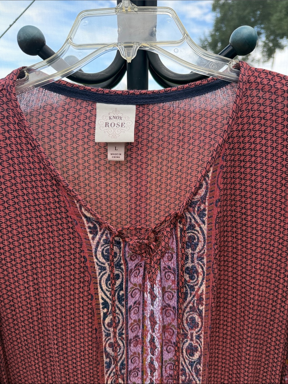 Knox Rose Burgundy Printed Long Sleeve Tassel Dress